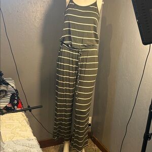 12 Pm By Mon Ami Olive/White Striped Jumpsuit Spaghetti Straps Tie Waist M NWT